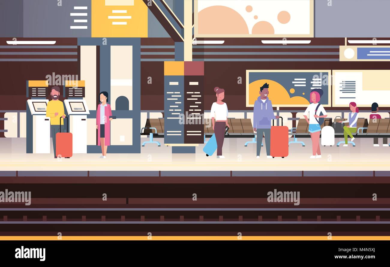 Railway Station Interior With People Passengers Waiting For Train Holding Bags Transport And Transportation Concept Stock Vector