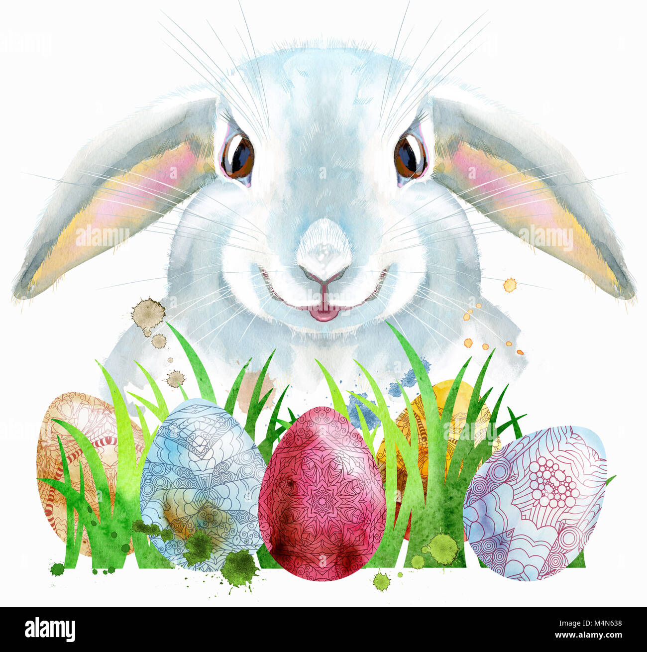 Cute white rabbit on white background with eggs and grass, isolated ...