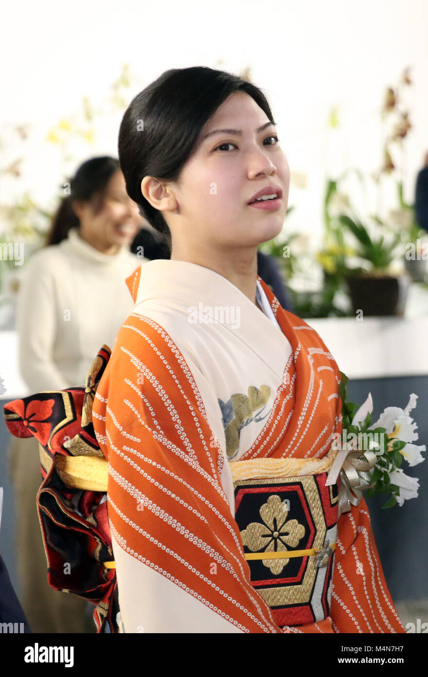 Tokyo, Japan. 15th Feb, 2018. Noriko Senge, the third daughter of Japan's  Princess Takamado attend the opening ceremony of the Japan Grand Prix  International Orchid Festival at the Tokyo Dome stadium in
