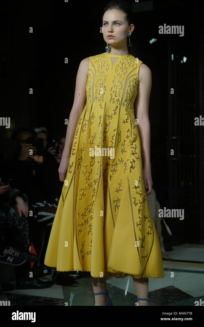 London, UK. 16th Feb, 2018. 'HOUSE OF MEA'Six designers form Indonesia showcases her latest collection at Fashion Scout AW18 at Freemasons’ Hall on 16 Feb 2018, London, UK. Credit: See Li/Alamy Live News Stock Photo