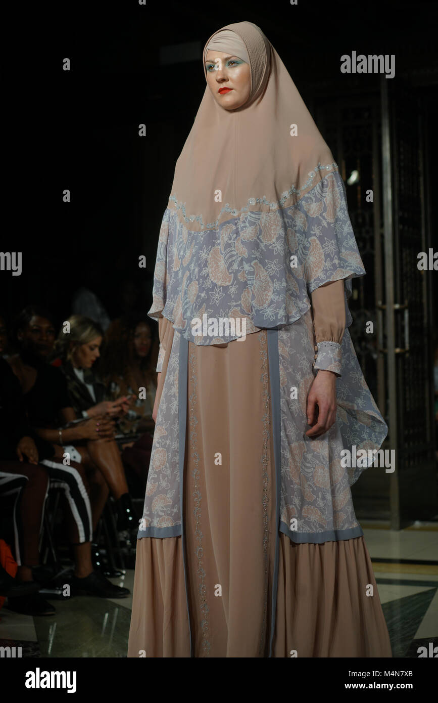 London, UK. 16th Feb, 2018. 'HOUSE OF MEA'Six designers form Indonesia showcases her latest collection at Fashion Scout AW18 at Freemasons’ Hall on 16 Feb 2018, London, UK. Credit: See Li/Alamy Live News Stock Photo