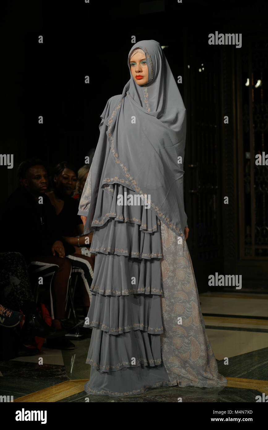 London, UK. 16th Feb, 2018. 'HOUSE OF MEA'Six designers form Indonesia showcases her latest collection at Fashion Scout AW18 at Freemasons’ Hall on 16 Feb 2018, London, UK. Credit: See Li/Alamy Live News Stock Photo