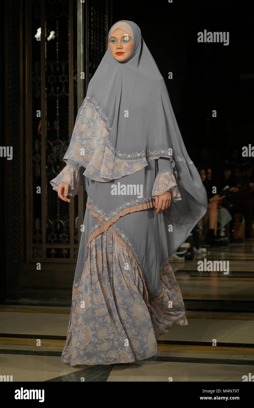 London, UK. 16th Feb, 2018. 'HOUSE OF MEA'Six designers form Indonesia showcases her latest collection at Fashion Scout AW18 at Freemasons’ Hall on 16 Feb 2018, London, UK. Credit: See Li/Alamy Live News Stock Photo