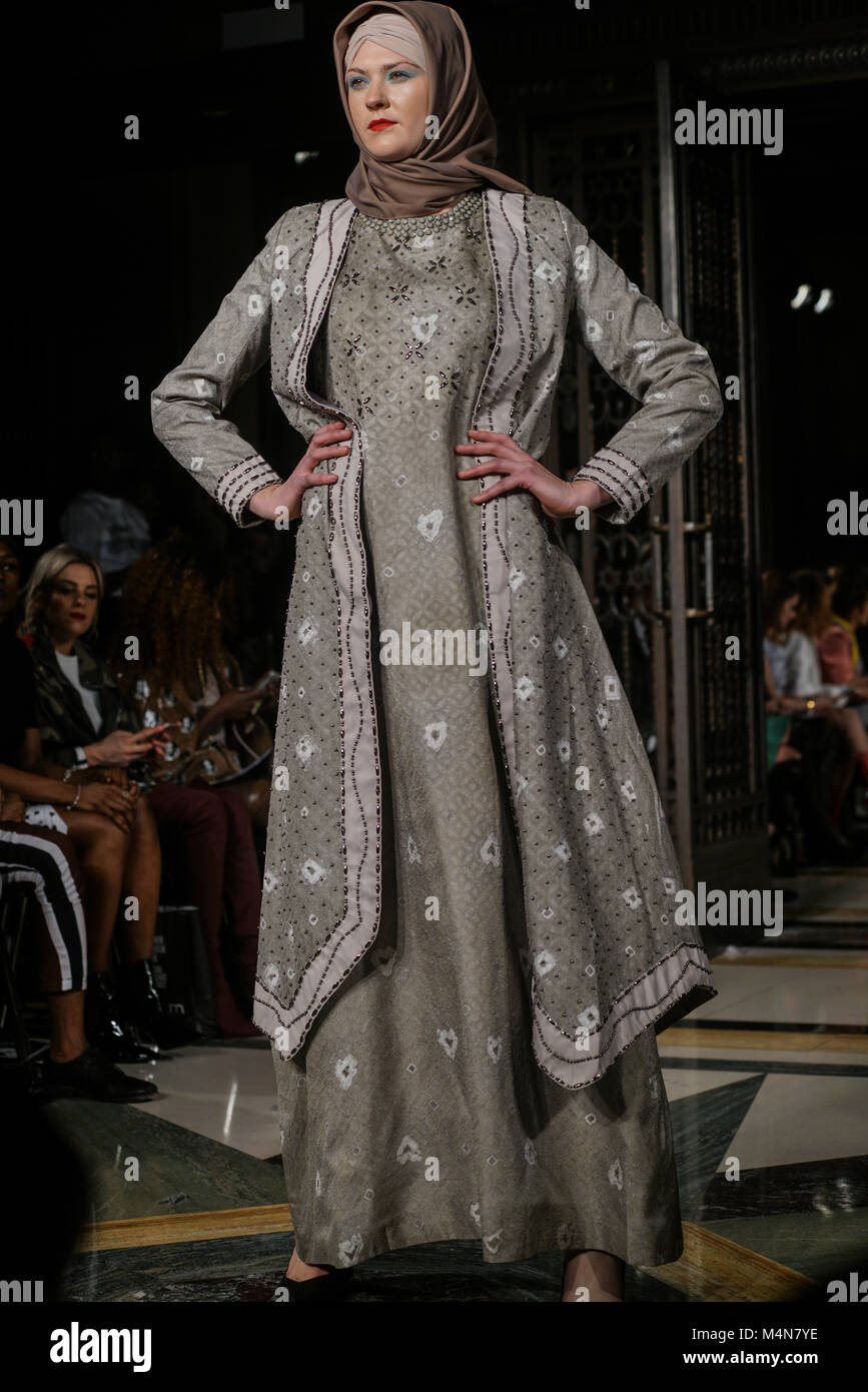 London, UK. 16th Feb, 2018. 'HOUSE OF MEA'Six designers form Indonesia showcases her latest collection at Fashion Scout AW18 at Freemasons’ Hall on 16 Feb 2018, London, UK. Credit: See Li/Alamy Live News Stock Photo