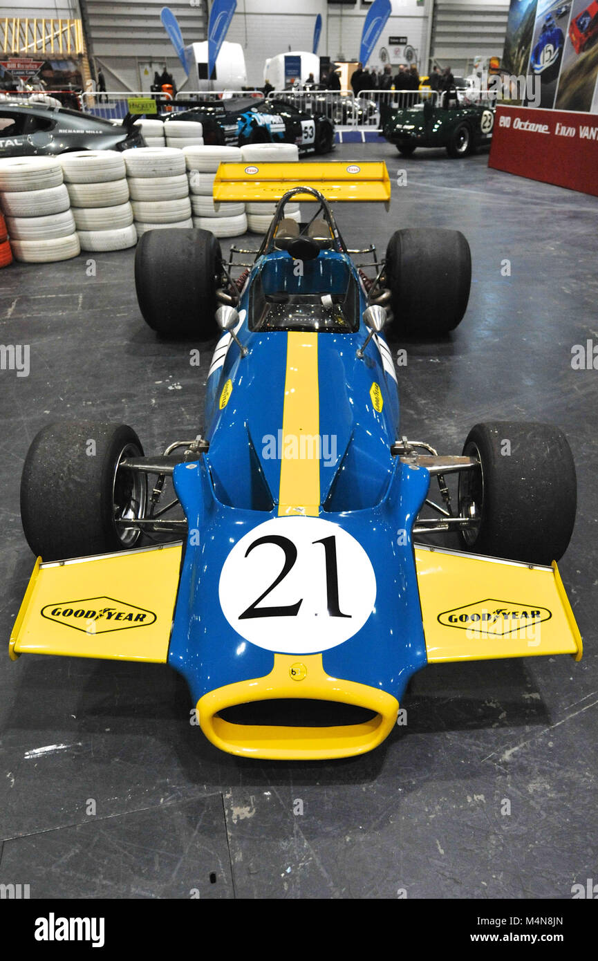 London, UK. 16th Feb, 2018. A single seat racing car on display at the