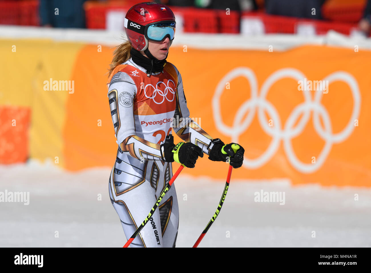 Ester LEDECKA (CZE), fassungslos und konsterniert im Ziel- kann ihren Erfolg nicht realisieren, Aktion, Einzelbild, angeschnittenes Einzelmotiv, Halbfigur, halbe Figur. Alpine Skiing, Ladies Super G, Frauen. Ski Alpin, am 17.02.2018, Jeongseon Alpine Centre. Olympische Winterspiele 2018, vom 09.02. - 25.02.2018 in PyeongChang. |usage worldwide Stock Photo