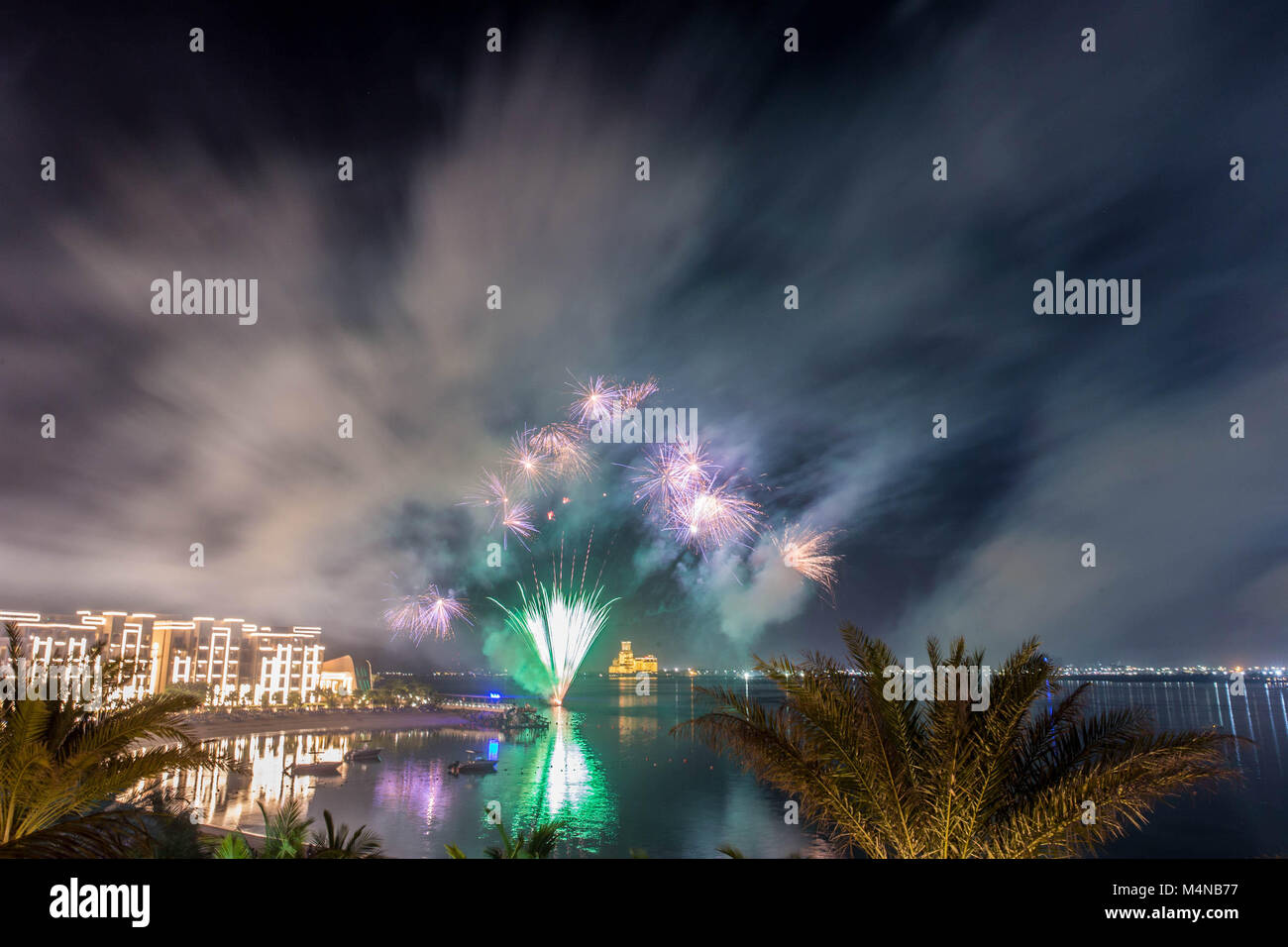 Ras Al Khaimah, United Arab Emirates. 16th Feb, 2018. The UAE Ministry of State for Happiness launched its first Happiness Festival of 2018 in Ras Al Khaimah. The UAE is the only country in the world that has a Ministry for happiness and positivity. A key feature of the Festival is that it ends with a fireworks display. The Waldorf Astoria Ras Al Khaimah is seen in the distance during the fireworks display. Credit: Mike Hook/SOPA/ZUMA Wire/Alamy Live News Stock Photo
