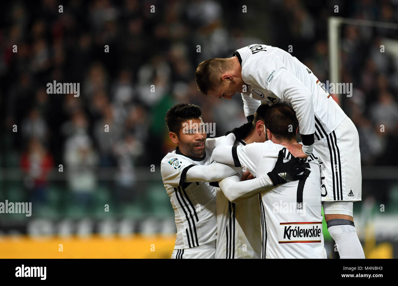 Warsaw, Poland. 16th Feb, 2018. Polish Extra League LOTTO Ekstraklasa football match Legia Warszawa - Slask Wroclaw o/p Kasper Hamalainen (Legia Warszawa) goal Artur Jedrzejczyk (Legia Warszawa) Credit: Maciej Gillert/Alamy Live News Stock Photo