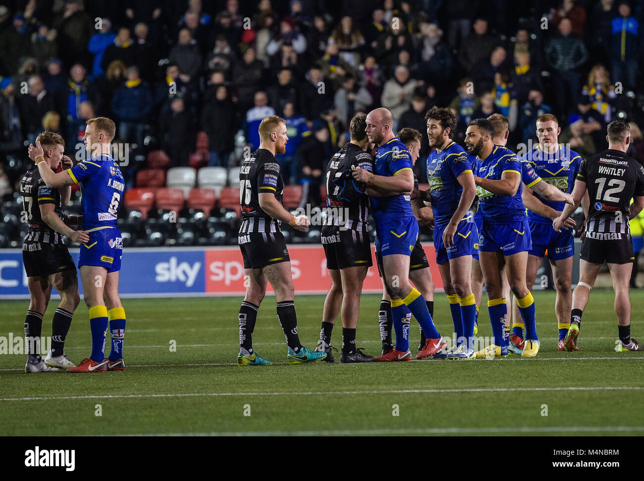 Widnes, UK. 16th Feb, 2018. Warrington Wolves celebrate after the Betfred Super League game between Widnes Vikings and Warrington Wolves on Friday 16th Feb 2018 at the Select Security Stadium Credit: News Images/Alamy Live News Stock Photo