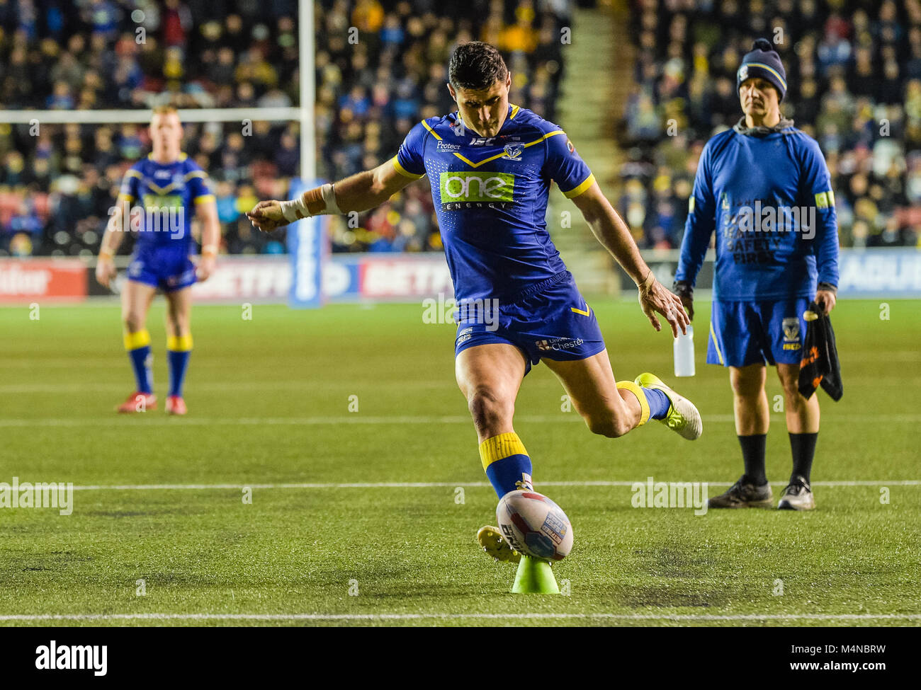 Widnes, UK. 16th Feb, 2018. Warrington Wolves Bryson Goodwin converts during the Betfred Super League game between Widnes Vikings and Warrington Wolves on Friday 16th Feb 2018 at the Select Security Stadium Credit: News Images/Alamy Live News Stock Photo