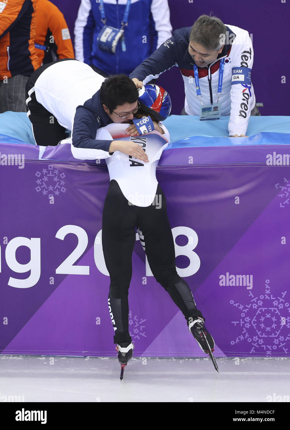 Pyeongchang. 17th Feb, 2018. Choi Minjeong (front) of South Korea  celebrates victory with her coach after finishing ladies' 1500m final of  short track speed skating at 2018 PyeongChang Winter Olympic Games at