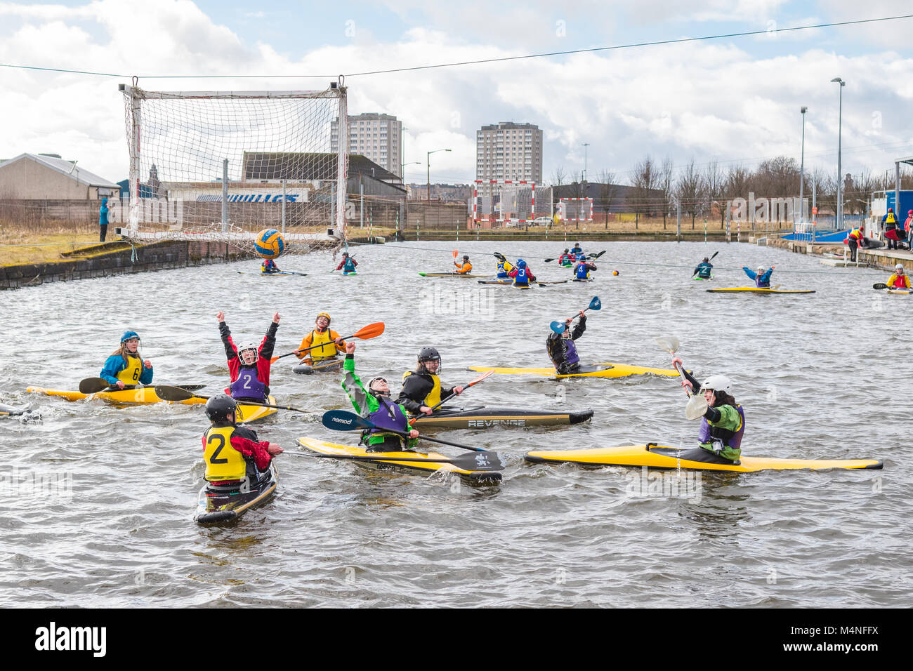 Glasgow, Scotland, UK. 17th Feb, 2018.  As the ball hits the back of the net for the 3rd time, Aberdeen University women's team celebrate victory in the 2018 Scottish University Sport (SUS) canoe polo competition held at Pinkston Watersports centre in Glasgow Credit: Kay Roxby/Alamy Live News Stock Photo