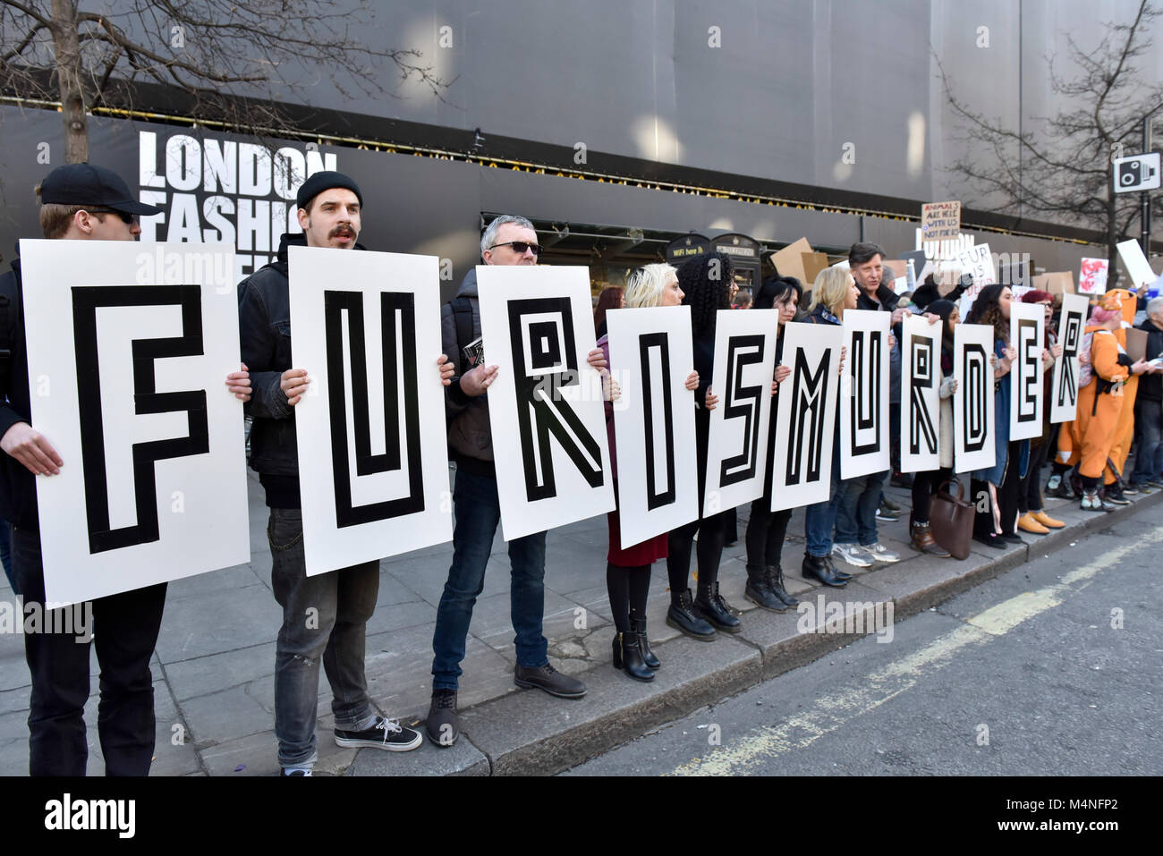 London, UK. 17 February 2018. Anti-Fur demonstrators stage a protest outside the home of London Fashion Week AW18 at 180 The Strand.  Credit: Stephen Chung / Alamy Live News Stock Photo