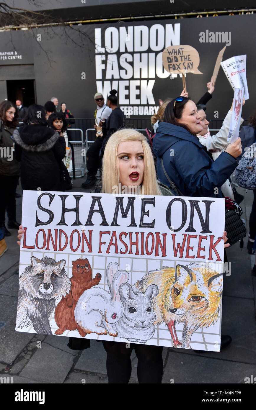 London, UK. 17 February 2018. Anti-Fur demonstrators stage a protest outside the home of London Fashion Week AW18 at 180 The Strand.  Credit: Stephen Chung / Alamy Live News Stock Photo