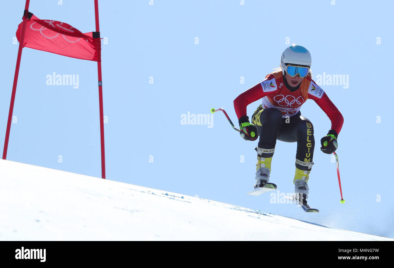 Pyeongchang, South Korea. 17th Feb, 2018. Kim Vanreusel from Belgium during the women's alpine skiing super G event in the Jeongseon Alpine Centre in Pyeongchang, South Korea, 17 February 2018. Credit: Michael Kappeler/dpa/Alamy Live News Stock Photo