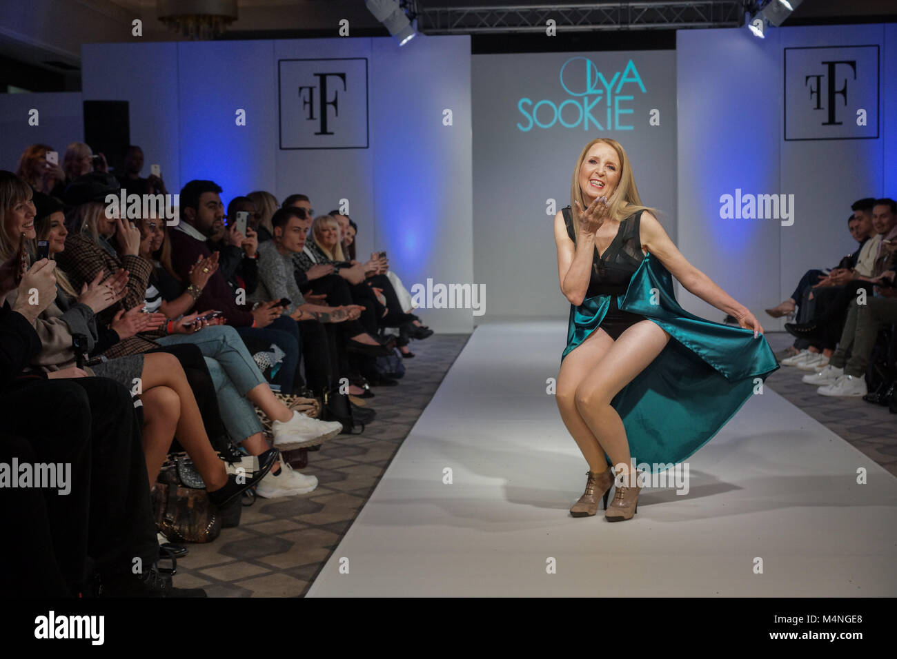 London, UK. 17th Feb, 2018. Gillian McKeith and daughter Afton rock the runway for designer Olya Sookie at Fashions Finest, Day 1 at De Vere Grand Connaught Rooms. © Peter Hogan/Alamy Live News Stock Photo
