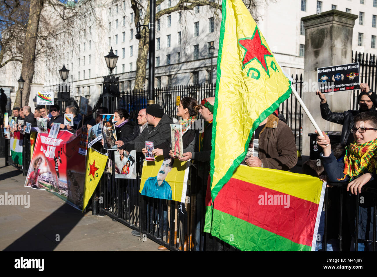 London, UK. 17th February, 2018. Members of the Kurdish community protest outside Downing Street against Turkey’s military offensive in and around Kurdish-controlled Afrin in Syria, which has resulted in civilian casualties, and against British support for Turkey. Credit: Mark Kerrison/Alamy Live News Stock Photo