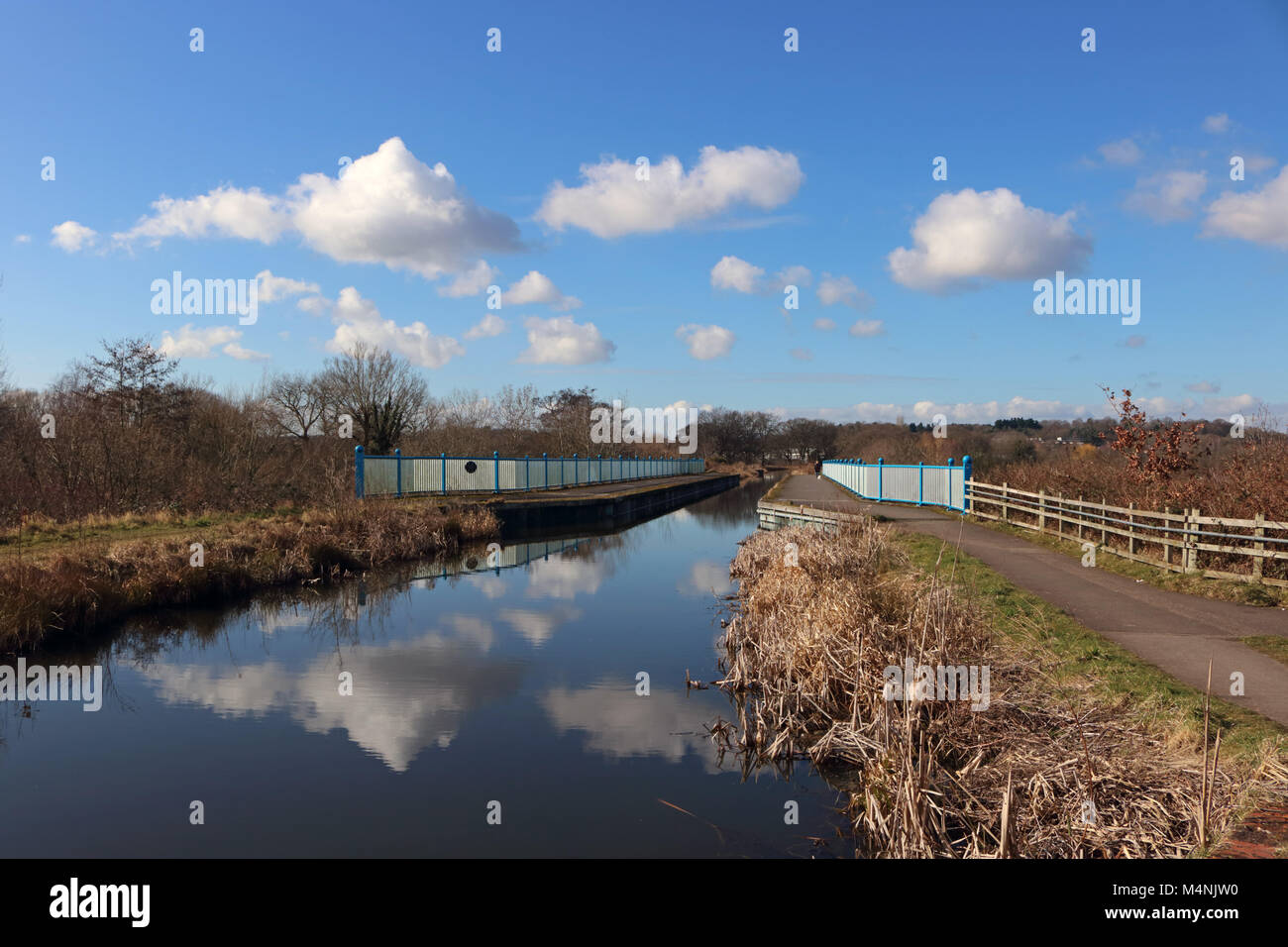 Ash Vale, Surrey, England. 17th February 2018. A fabulous day of blue sky and fair weather cumulus cloud, reflected in the calm waters of the Basingstoke Canal at Ash Vale, Surrey. Credit: Julia Gavin/Alamy Live News Stock Photo