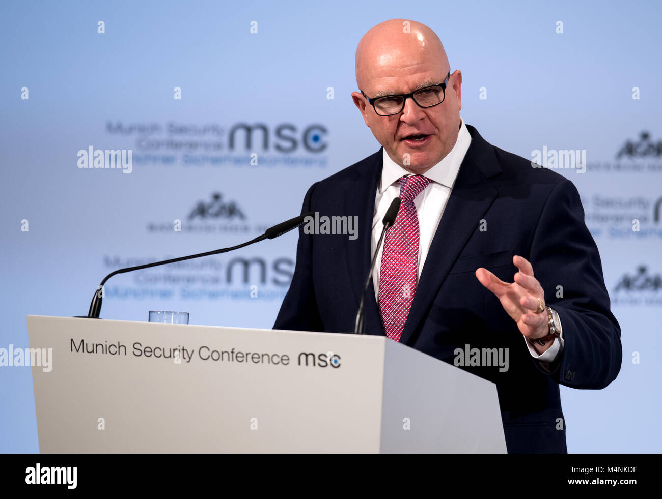 Raymond McMaster, National Security Advisor of the United States of America, delivers a speech at the 54th Munich Security Conference in Munich, Germany, 16 February 2018. More than 500 guests among those head of states and head of governments, are expected to attend the three day conference. Photo: Sven Hoppe/dpa Stock Photo