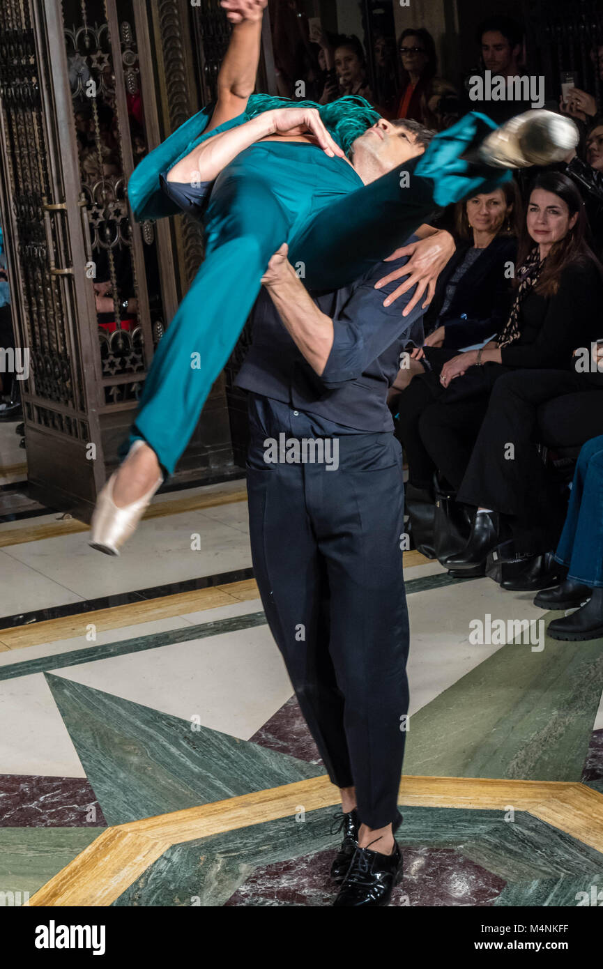 London, UK. 17th Feb, 2018. London Fashion Week, The catwalk show of OLGA ROH, A SWISS FASHION DESIGNER, who punctuated her show with classic dancers in a stunning presentation.  Credit Ian Davidson/Alamy Live News Stock Photo