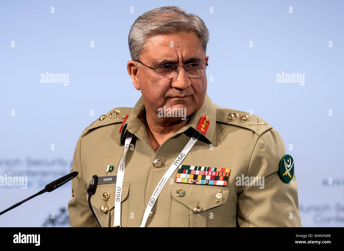 Munich, Germany. 16th Feb, 2018. Qamar Javed Bajwa, Chief of Pakistan Army Staff, delivers a speech at the 54th Munich Security Conference in Munich, Germany, 16 February 2018. More than 500 guests among those head of states and head of governments, are expected to attend the three day conference. Credit: Sven Hoppe/dpa/Alamy Live News Stock Photo