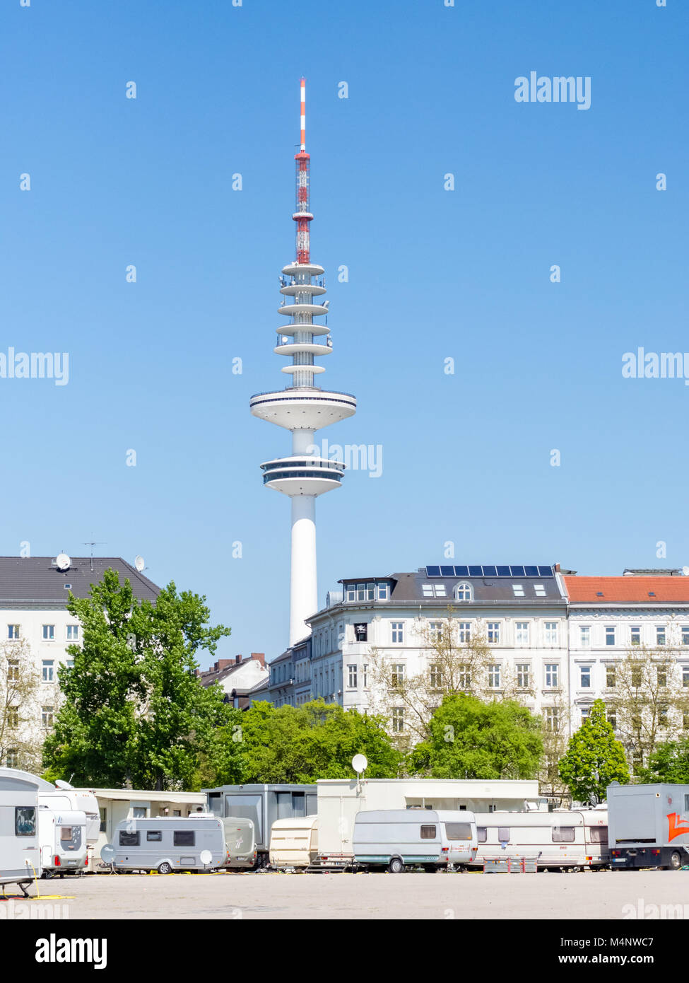 Hamburg, Germany - May 07, 2016: There is a big trailer park at the Heiligengeistfeld during the harbour's birthday in Hamburg Stock Photo