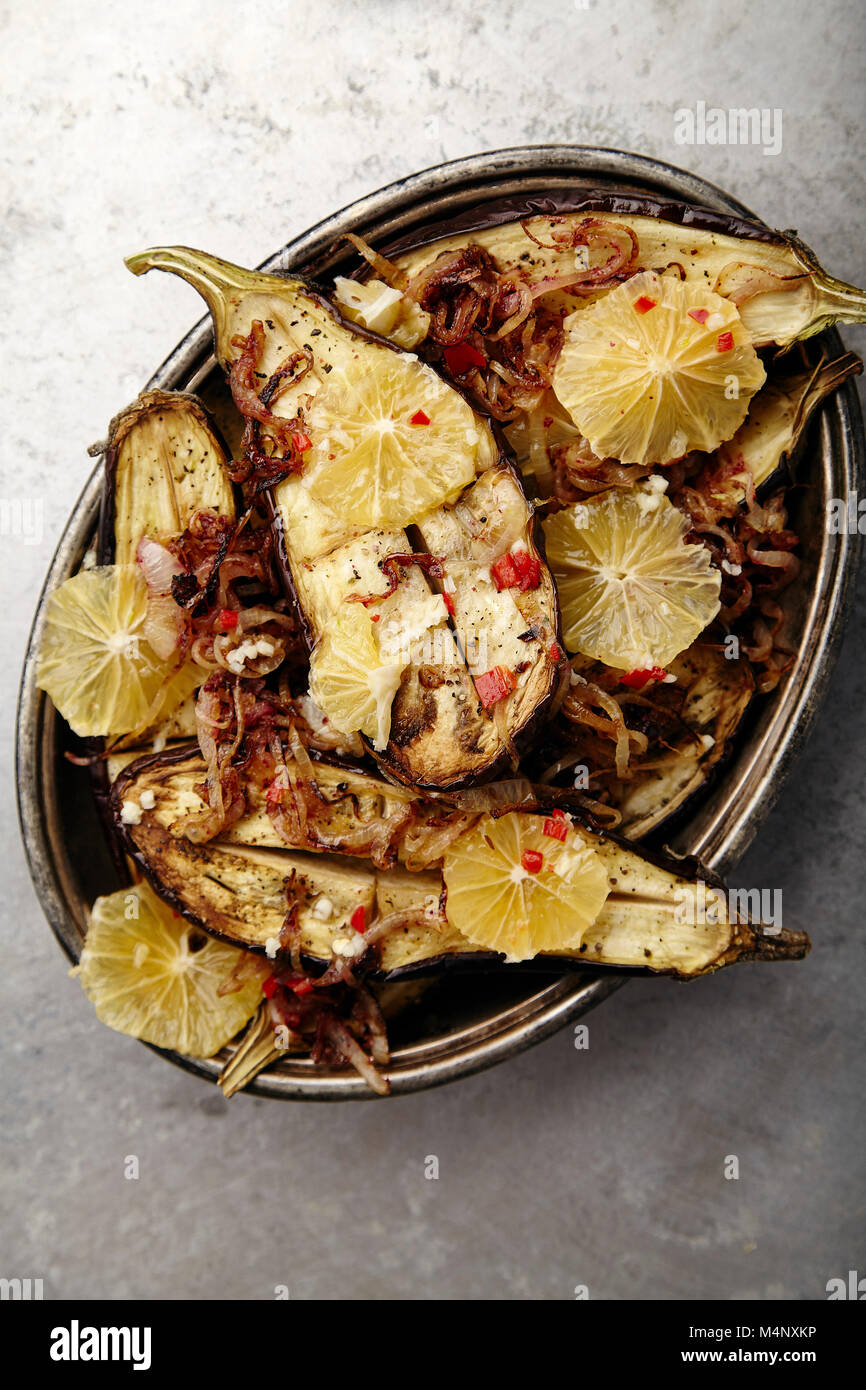 Overhead image of traditional jewish and middle eastern food roasted