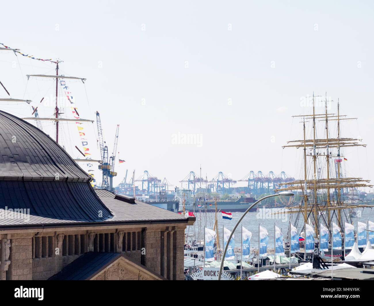 Hamburg, Germany - May 07, 2016: During the harbour's birthday , there are a lot of decorative waving flags and pennants. Stock Photo