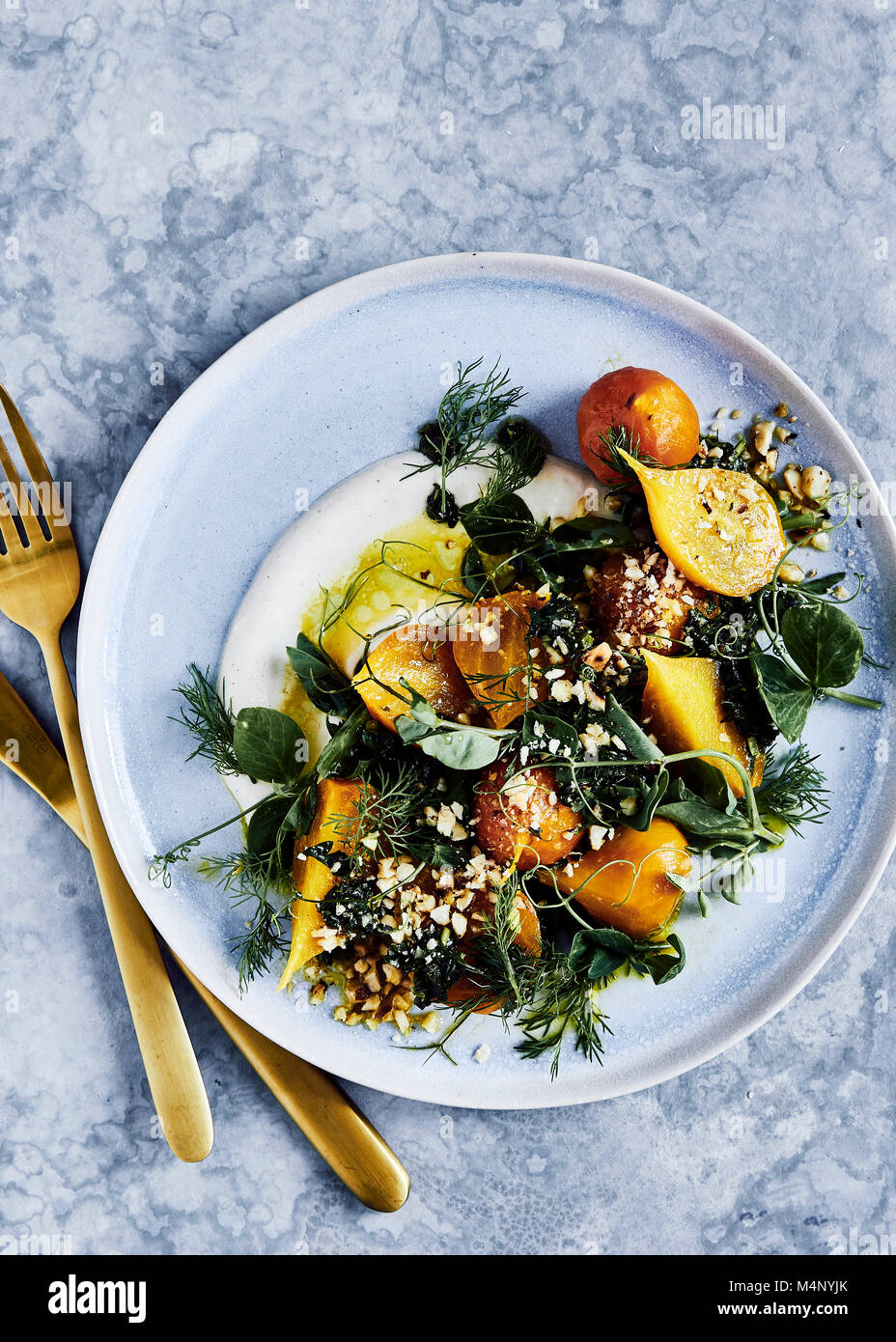 roasted golden beetroot salad with snow pea tendrils, fennel. dressed