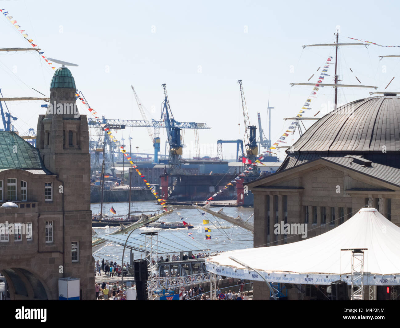 Hamburg, Germany - May 07, 2016: During the harbour's birthday , there are a lot of decorative waving flags and pennants. Stock Photo