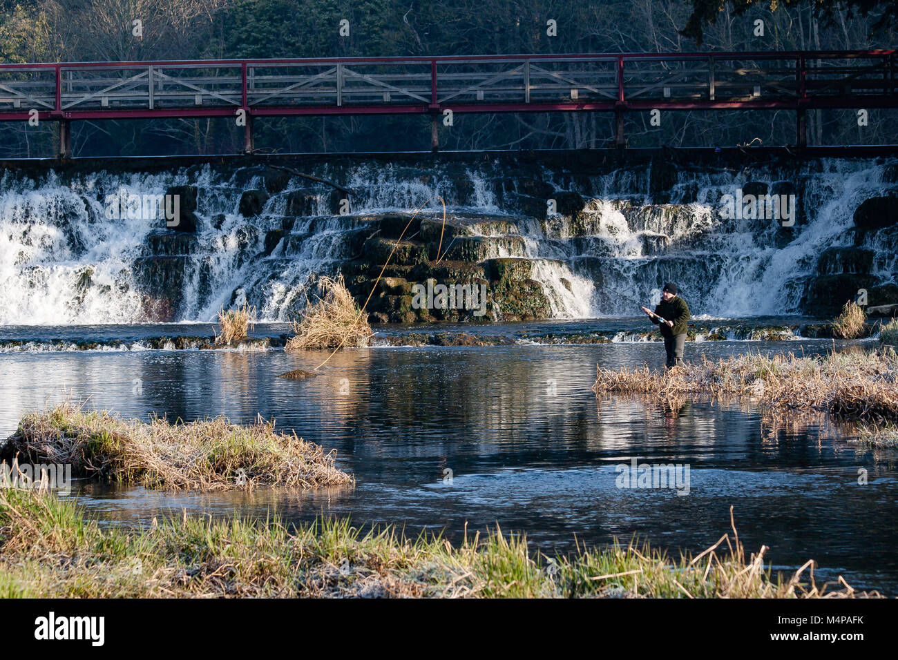 Man angler fly fishing at the Salmon Leap Weir on The River Rye in
