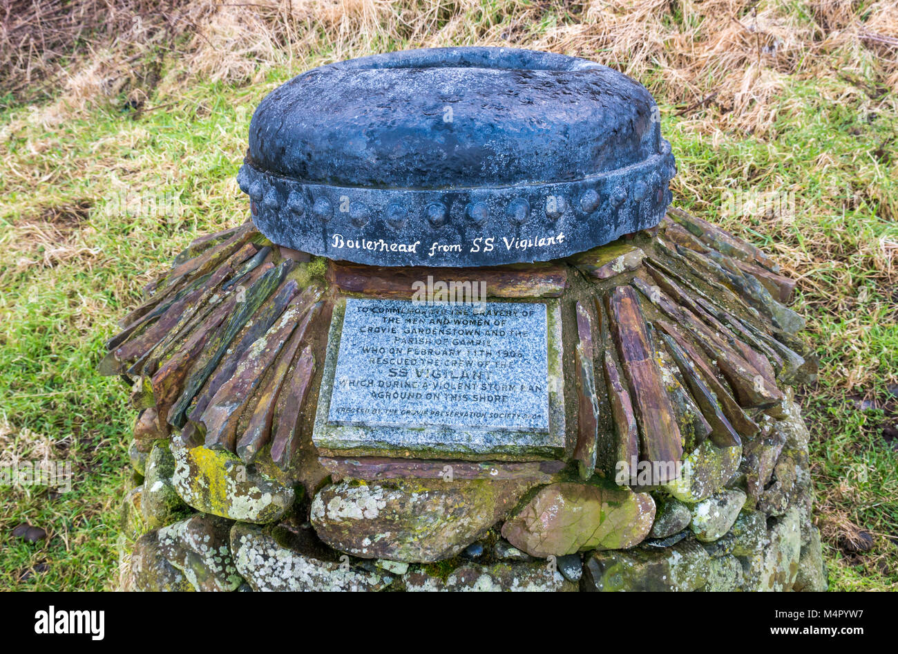 Monument from boilerhead  of SS Vigilant commemorating bravery of Crovie people rescuing crew of ship in storm, Aberdeenshire, Scotland, Uk Stock Photo