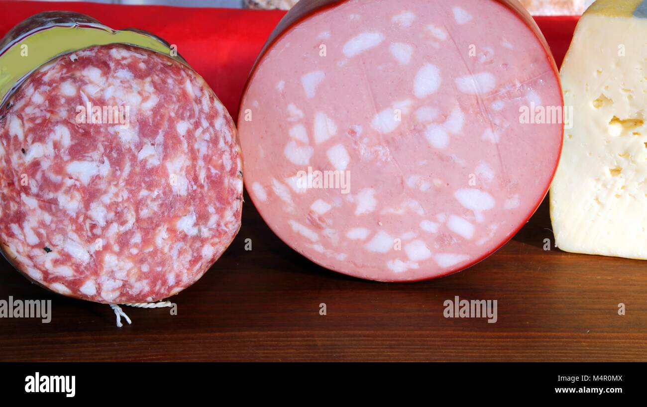 Cheese and mortadella and salami called Soppressa in italian language