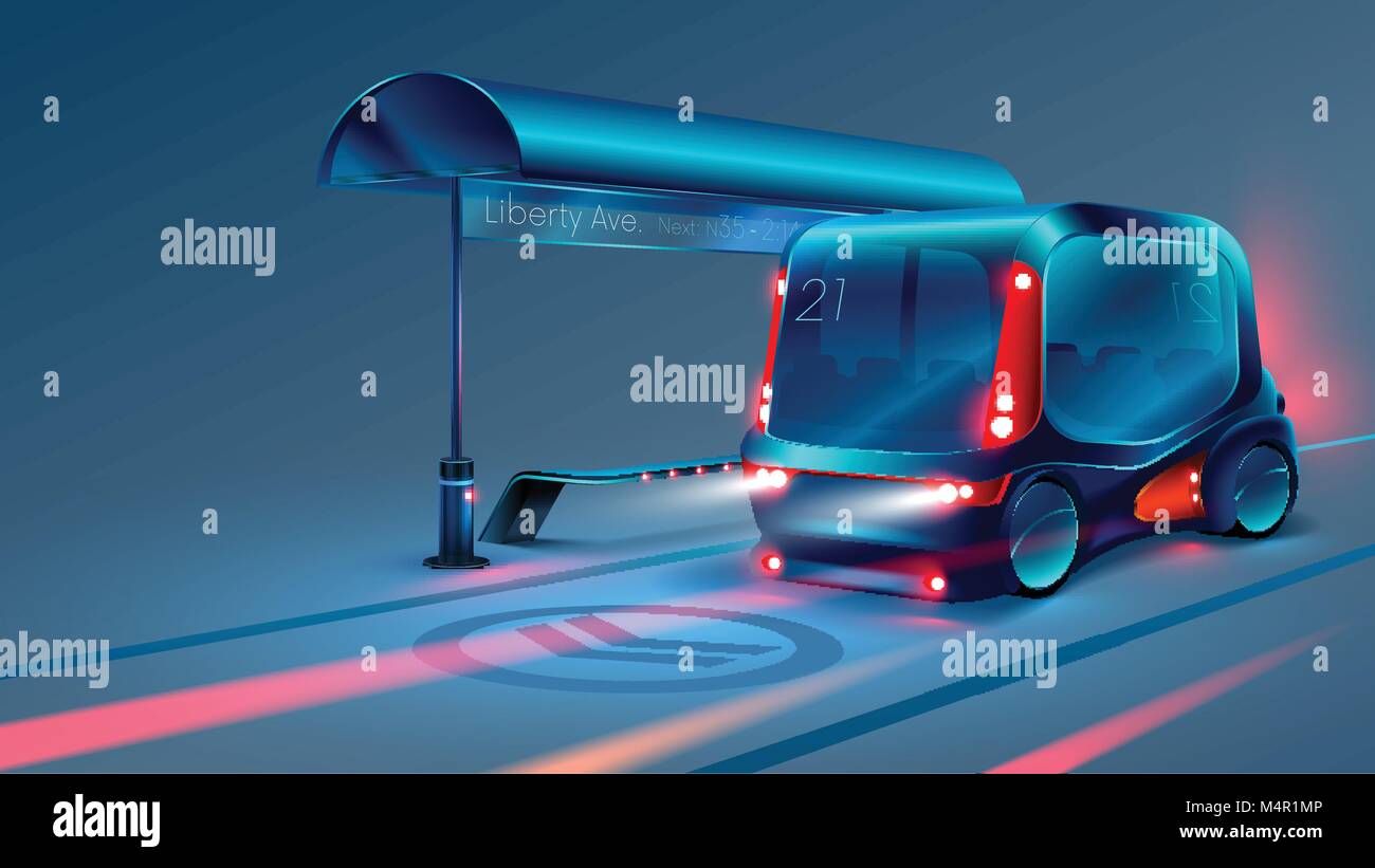 Autonomous electric smart bus or minibus stops at city bus stop. VECTOR. Stock Vector