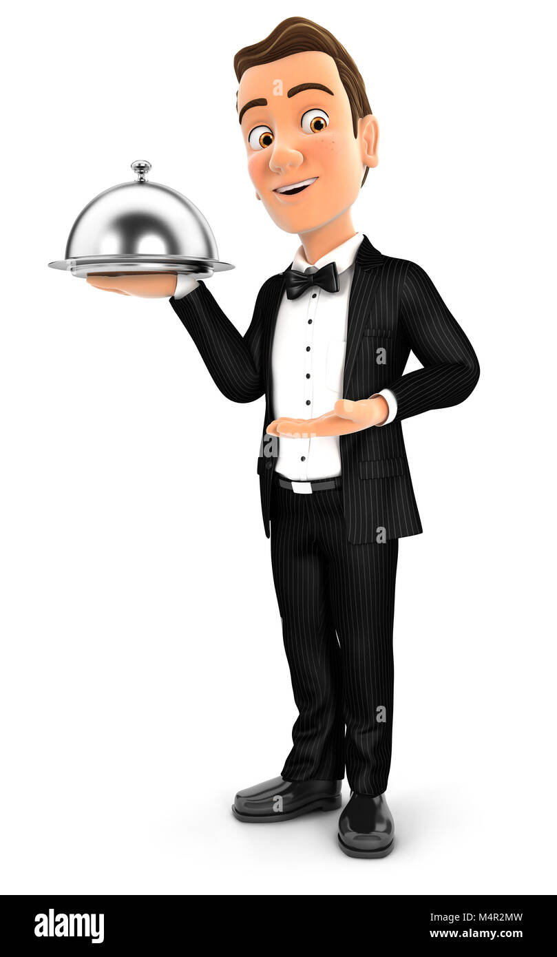 3d waiter standing with restaurant cloche, illustration with isolated white  background Stock Photo - Alamy