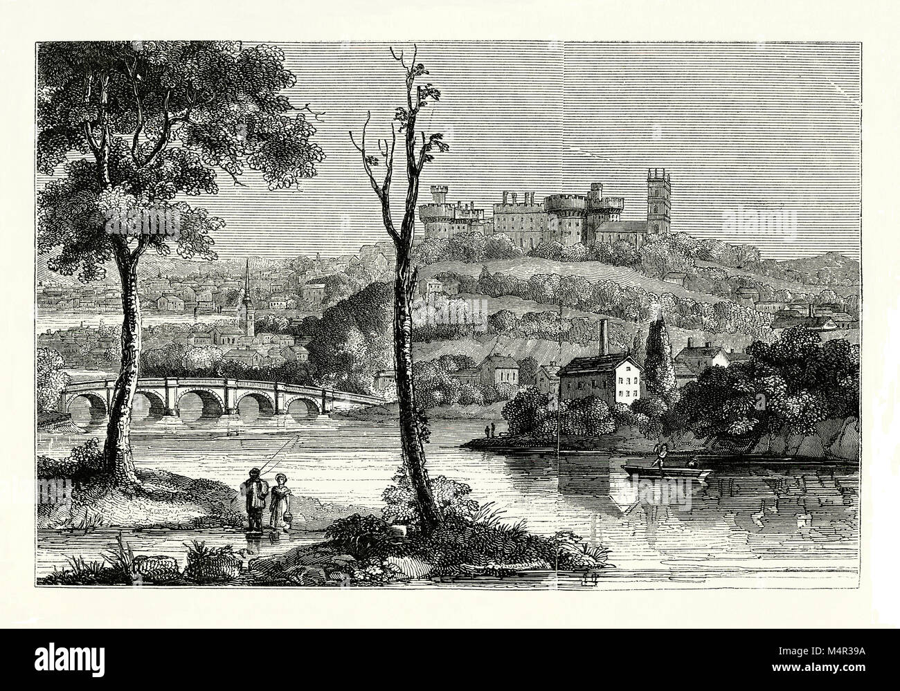 An old engraving of Lancaster, a city and the county town of Lancashire, England, UK. It is situated on the River Lune and is dominated by Lancaster Castle, and Lancaster Priory Church Stock Photo