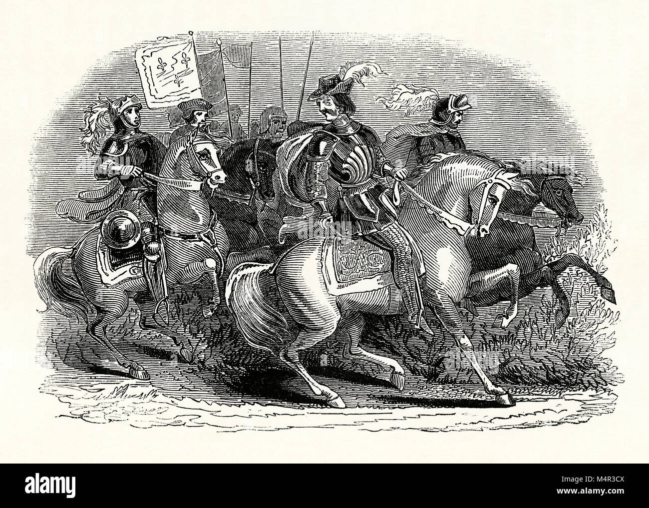 An old engraving of 'Free Company' horsemen c.1300. A free company was also known as 'great company' or 'grande companie' and in France they were routiers and écorcheurs. It was an army of mercenaries between the 12th and 14th centuries recruited by private employers during wars. They acted independently of any government and so were 'free'. They were active mainly in France. The White Company of John Hawkwood, probably the most famous free company, was active in Italy in the late 14th century. Stock Photo