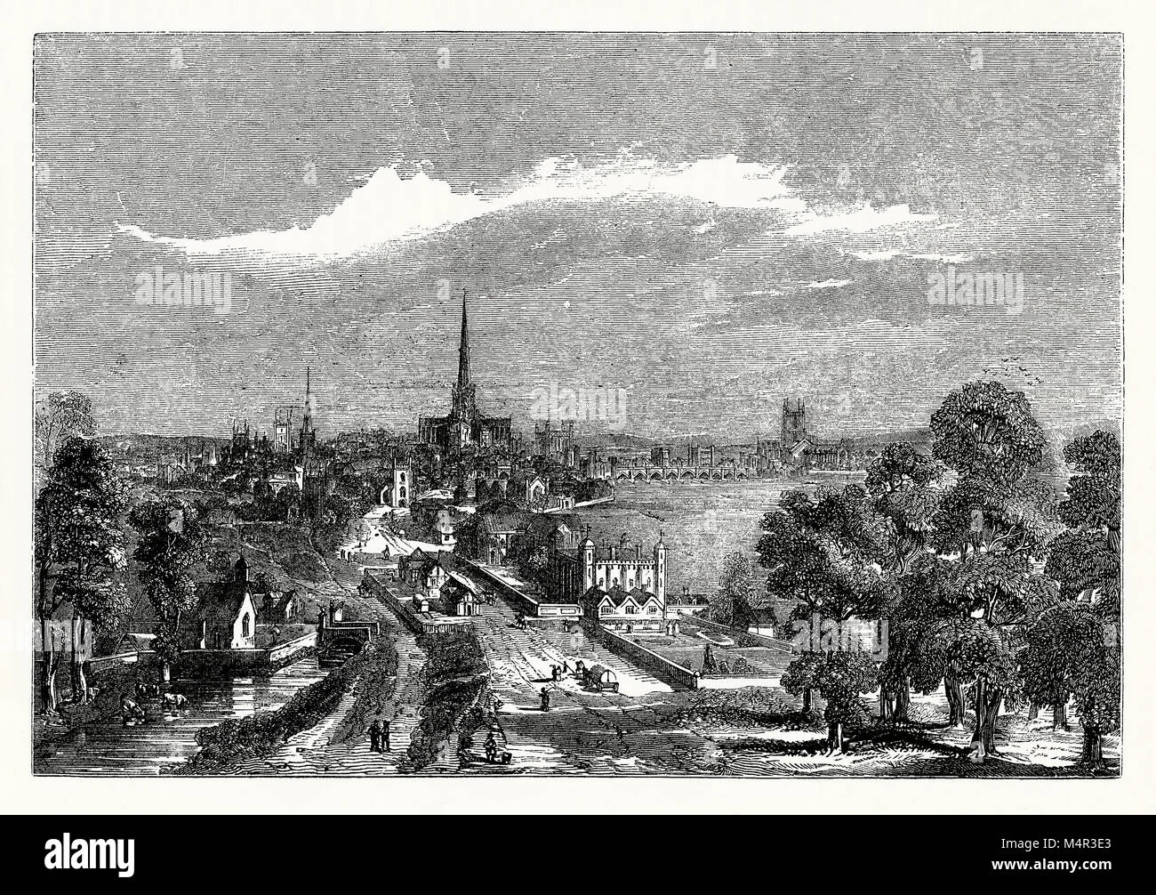 Old London looking east from the Strand (or Strande) c. 1600. On the left is the entrance to Covent Garden. Facing the river Thames were many mansion houses built for the nobility in medieval times. One is Exeter House or Burghley House, with its four corner turrets, built in the 16th century by William Cecil (Lord Burghley). This is where the current Savoy Hotel now stands. Beyond is the City of London, old St. Paul's Cathedral with its original spire and the arches of London Bridge over the River Thames, with Southwark Cathedral on the right. Stock Photo