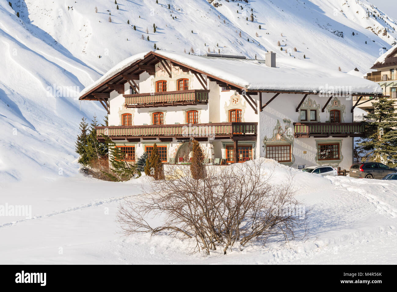 HOCHGURGL VILLAGE, AUSTRIA - JAN 28, 2018: Mountain house in beautiful Obergurgl-Hochgurgl ski area, Tirol, Austria. Stock Photo
