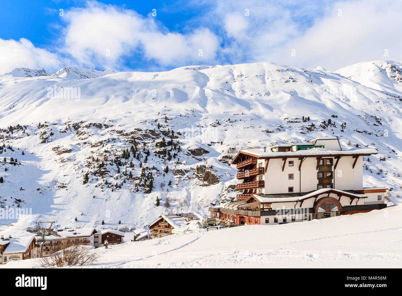 HOCHGURGL VILLAGE, AUSTRIA - JAN 28, 2018: Mountain village with hotels and houses in beautiful Hochgurgl-Obergurgl ski area, Tirol, Austria. Stock Photo