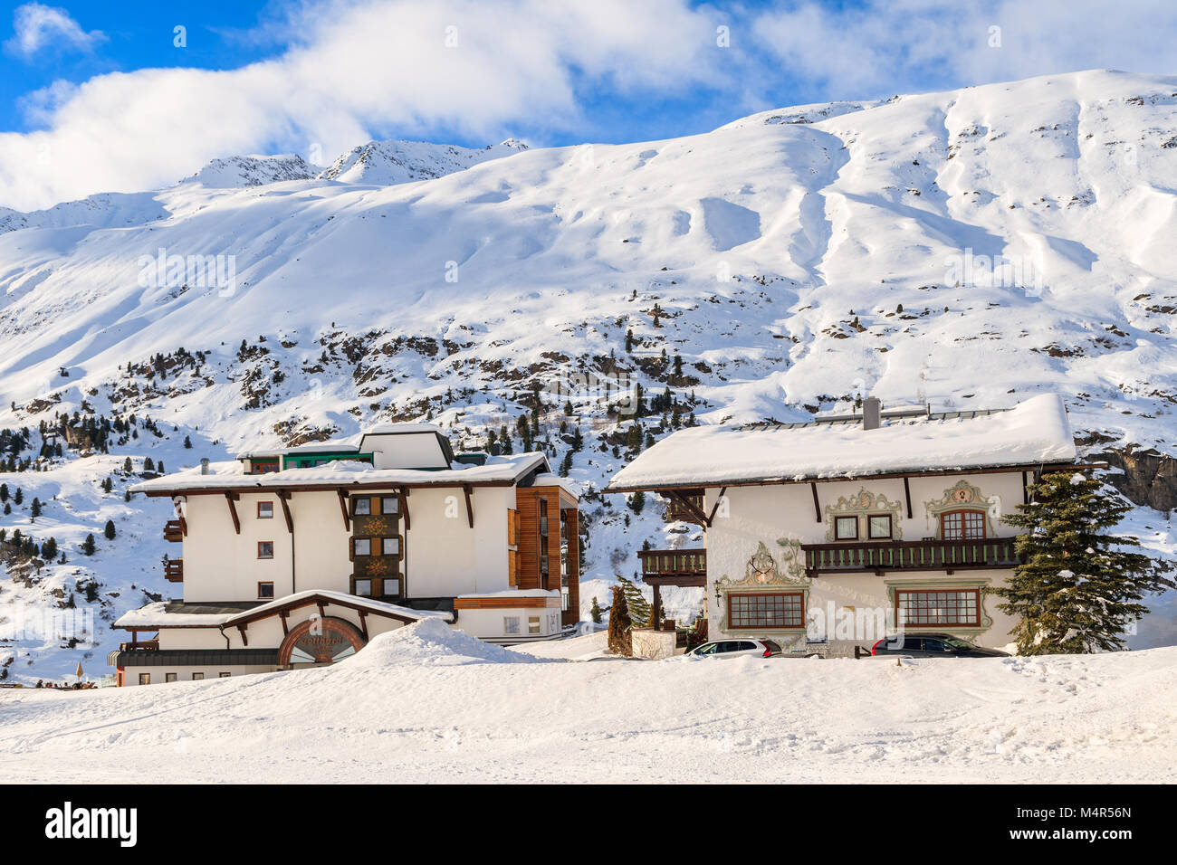 HOCHGURGL VILLAGE, AUSTRIA - JAN 28, 2018: Mountain houses in beautiful Obergurgl-Hochgurgl ski area, Tirol, Austria. Stock Photo