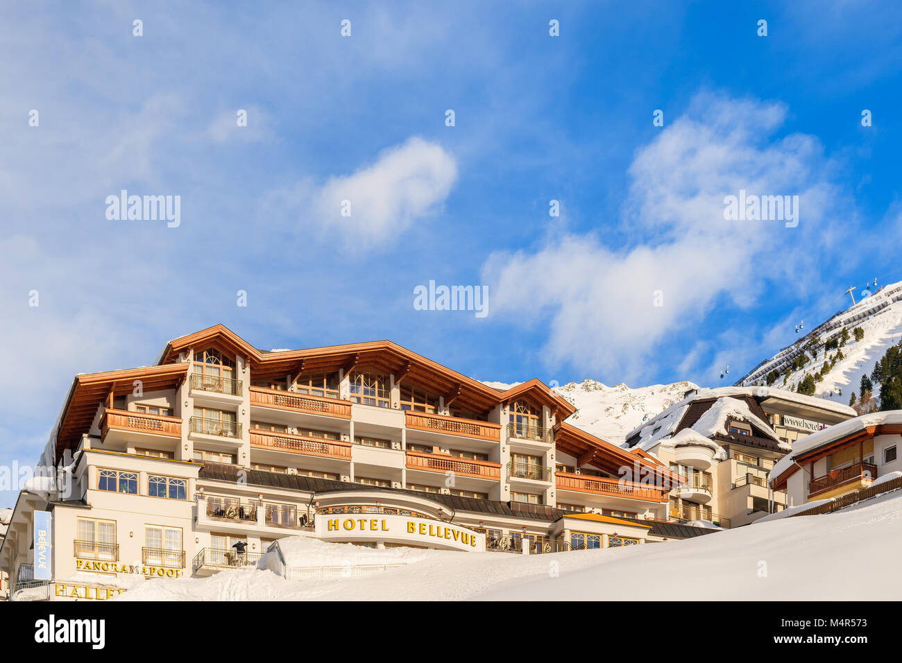 HOCHGURGL VILLAGE, AUSTRIA - JAN 28, 2018: Mountain hotel in beautiful Obergurgl-Hochgurgl ski area, Tirol, Austria. Stock Photo