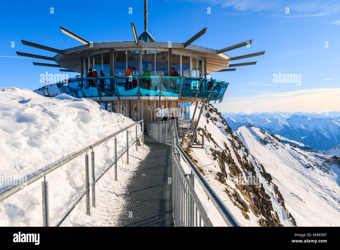 OBERGURGL-HOCHGURGL SKI RESORT, AUSTRIA - JAN 30, 2018: "Mountain Star" restaurant located at highest point of the ski resort at over 3000 meters abov Stock Photo