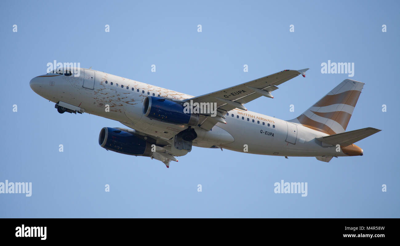 British Airways Olympic Dove Liveried Airbus a319 G-EUPA departing London-Heathrow Airport LHR Stock Photo