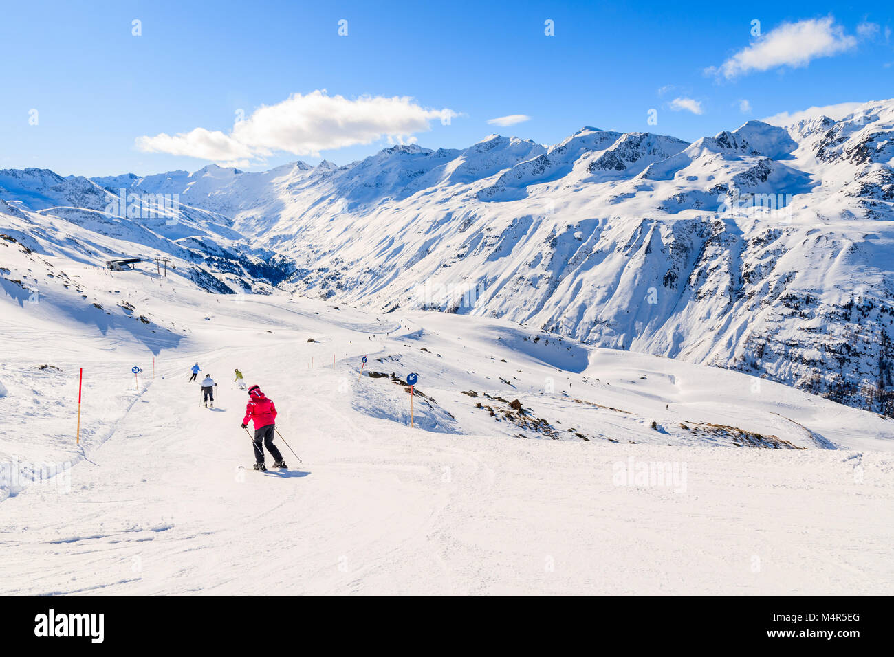 Skiers on slope in beautiful Obergurgl ski area, Tirol, Austria Stock Photo