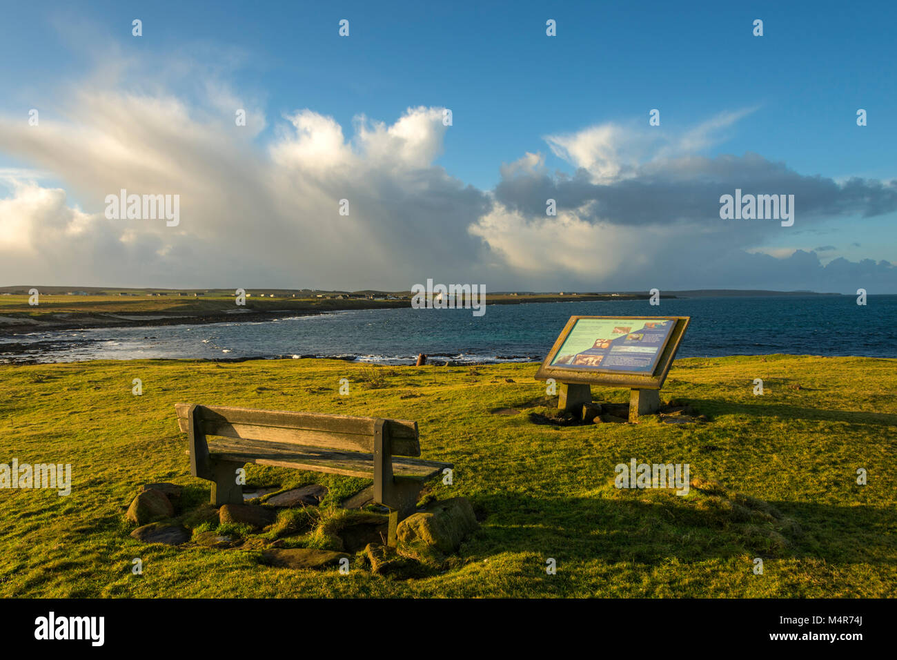 Bench and information sign at the Ness of Duncansby, between John o'Groats and Duncansby Head, Caithness, Scotland, UK Stock Photo