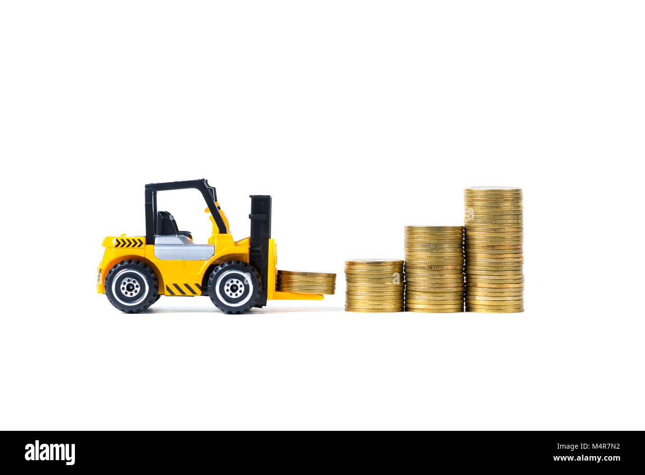 Loading Coin Mini forklift truck loading stack coin with steps of gold coin ...