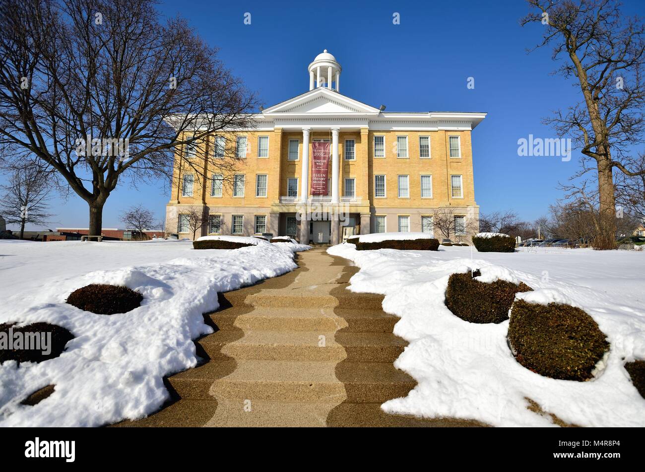 The Old Main, completed in 1856 is the original Elgin Academy building. The structure was built in the Greek revival style. Elgin, Illinois, USA. Stock Photo