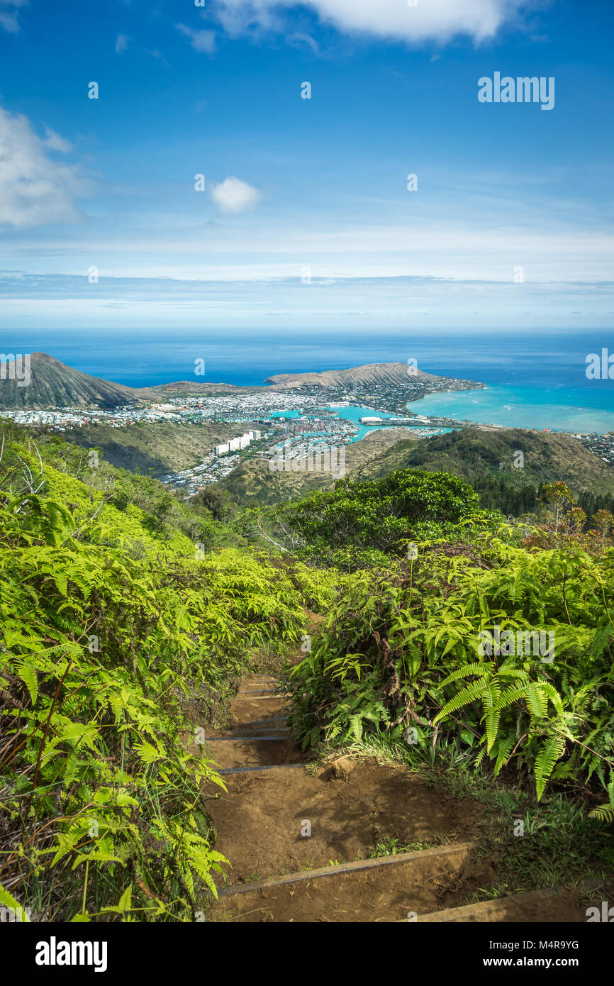 An elevated view of lush green mountain vegetation, the deep blue ocean, and the neighborhood of Hawaii Kai. Stock Photo