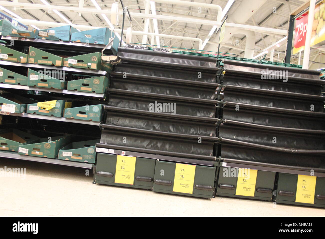 Empty British supermarket shelves. Food shortages. Stock Photo